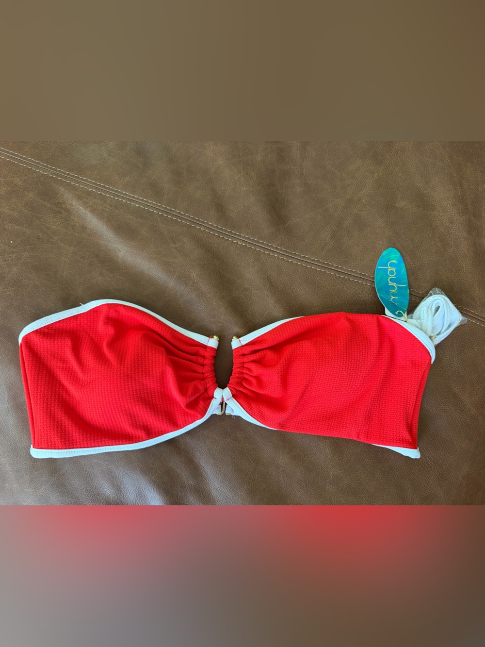 Red Bandeau Bikini Top with White Trim